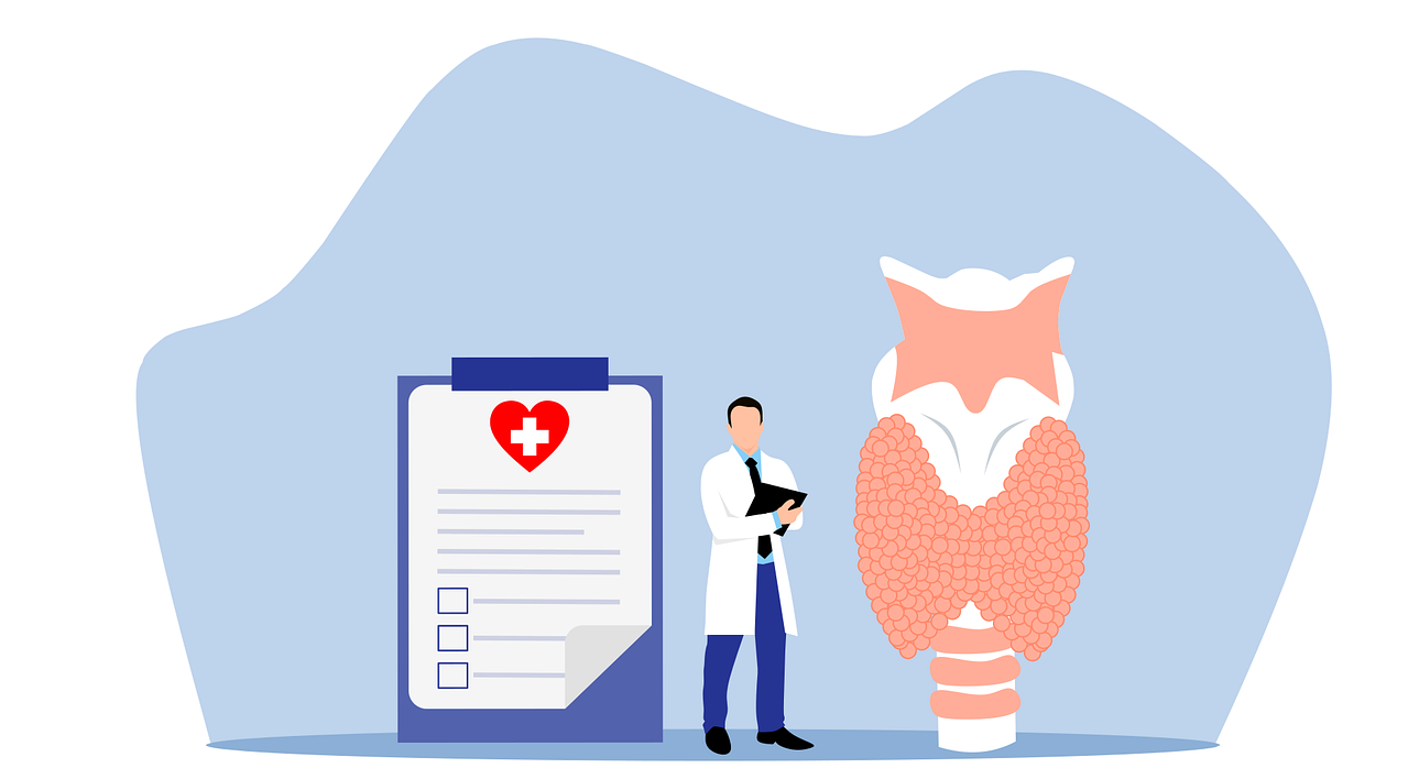 An illustration of a doctor holding a clipboard standing next to a large thyroid gland model on the right and a clipboard on the right