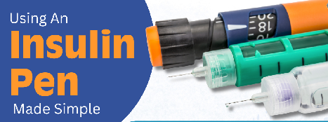 Infographic showing simple steps to use an insulin pen, including preparation, injection, and needle disposal, with a call-to-action to enroll in a prescription assistance program for affordable insulin.
