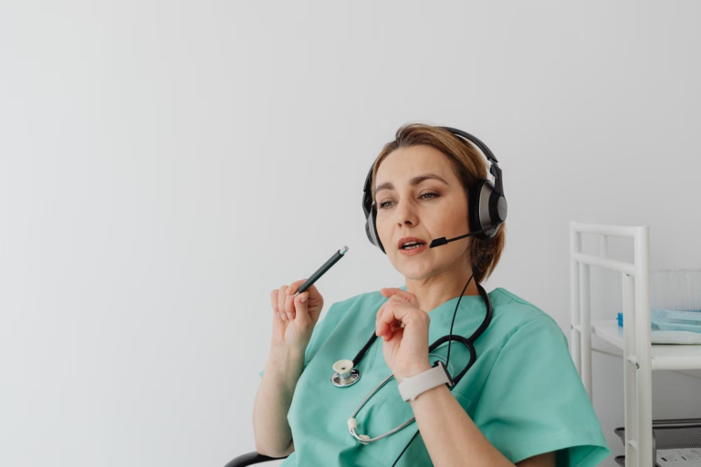 Healthcare professional providing a virtual patient prescription consultation with a headset